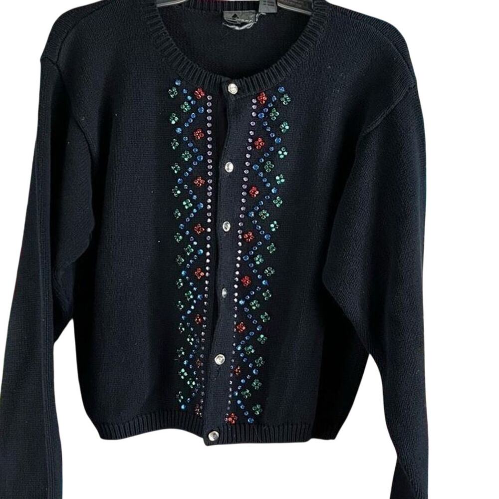 Vintage Liz Wear Colorful Rhinestone Button Front Cardigan Sweater PM Petite Med